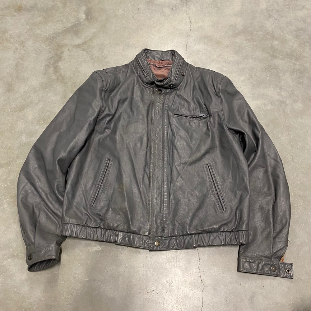 60s Vintage Grey Leather Bomber Jacket Mens Full Zip Mock Neck Moto Biker Coat